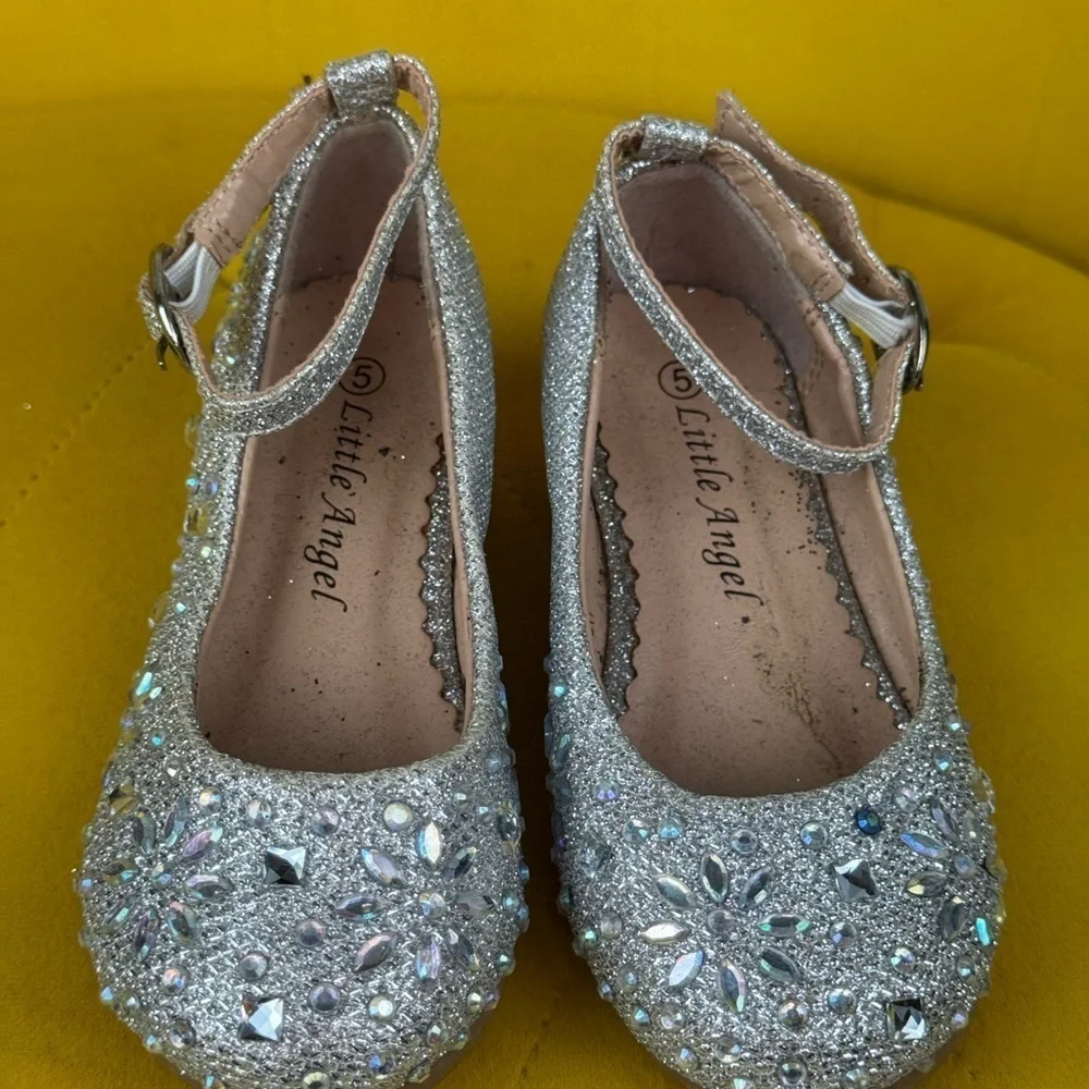 Little Angel SOPHIE Silver Glitter Wedge Shoe w/ Straps Size 5